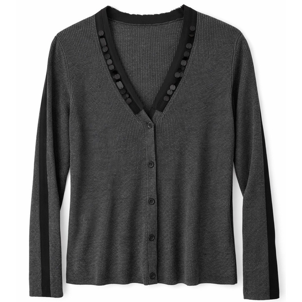 Simply Vera Wang Women's Gray‎ Lightweight Beaded Ribbed Cardigan Sweater Large